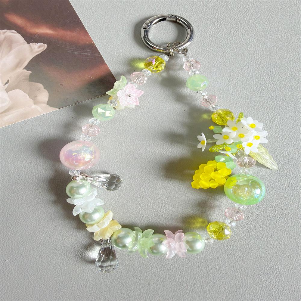 Handmade Fresh Flower Crystal Beaded Phone Wrist Lanyard & Keychain