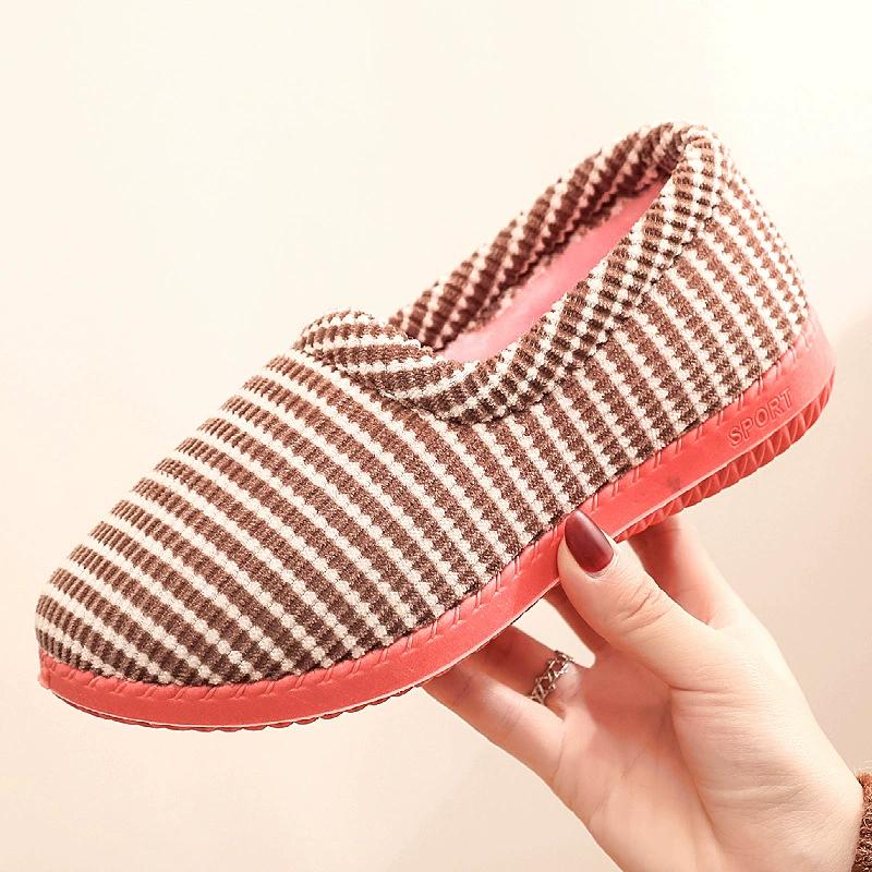 Vinter bomullstøfler dame bomullssko Veske Hæler Søte striper Innendørs bomullstøfler Sklisikker varme Plysj lavtopp bomullssko