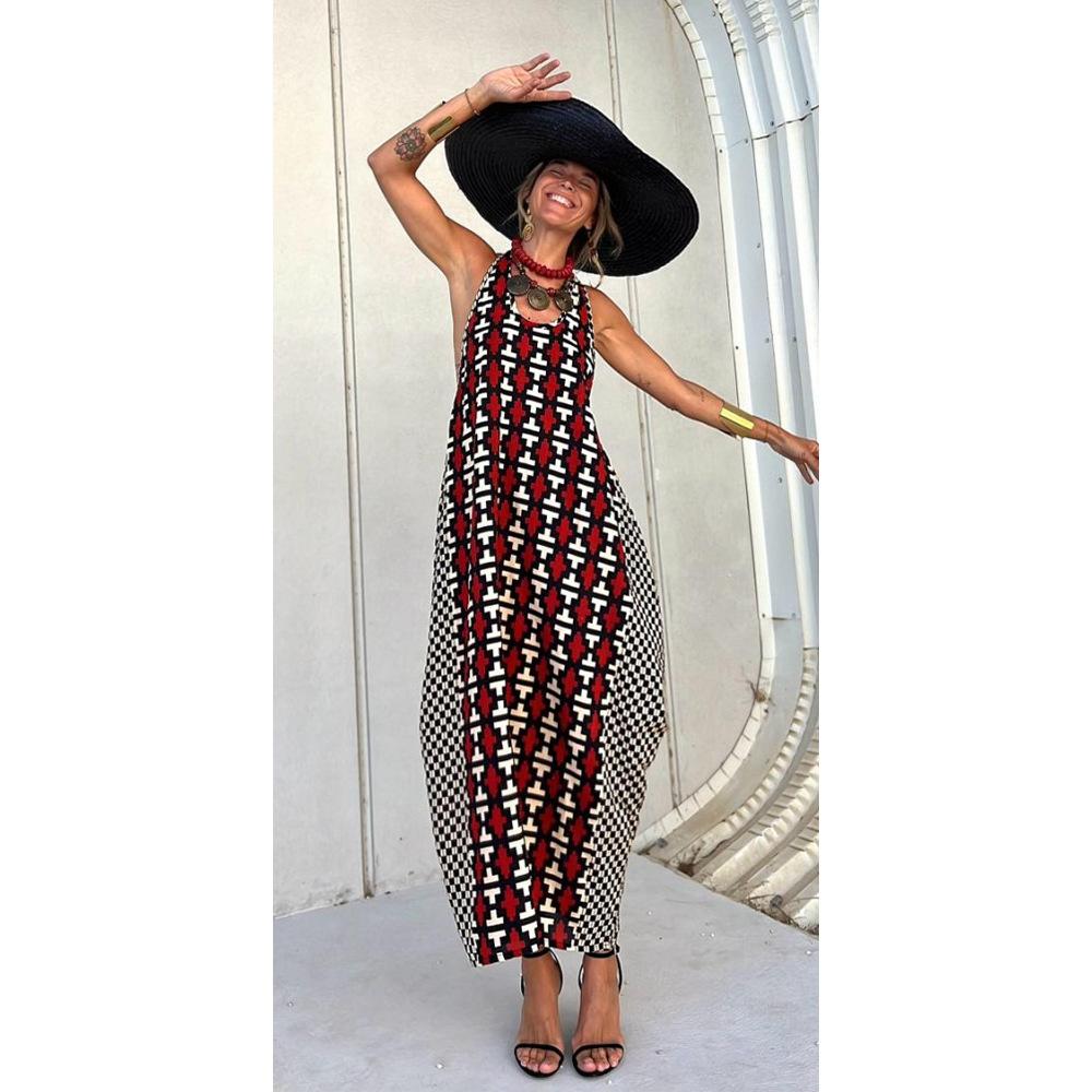 

Женское новое платье-жилет с принтом на спине - открытая спинка Фонарь длинная юбка свободная для женщин на отдыхе XL красный