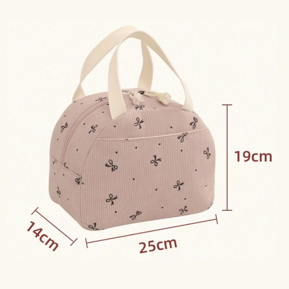 New Corduroy Lunch Bag Thermal Insulated Cute Bear Bow Picnic Food Pouch Multi-functional Storage Handbag for Outdoor Travel