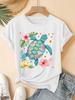 Sea Turtle T Shirt Women Cute Sea Turtle Hibiscus Flower Graphic Tee Tropical Coastal Hawaiian Beach Short Sleeve Summer Tops