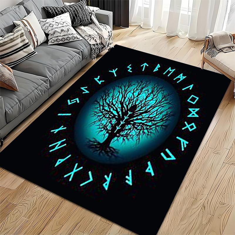 Spiritual Area Rug, Yggdrasil World Tree Viking Runes Circle Blue Poster, Living Room Decor, Non-Slip Mat