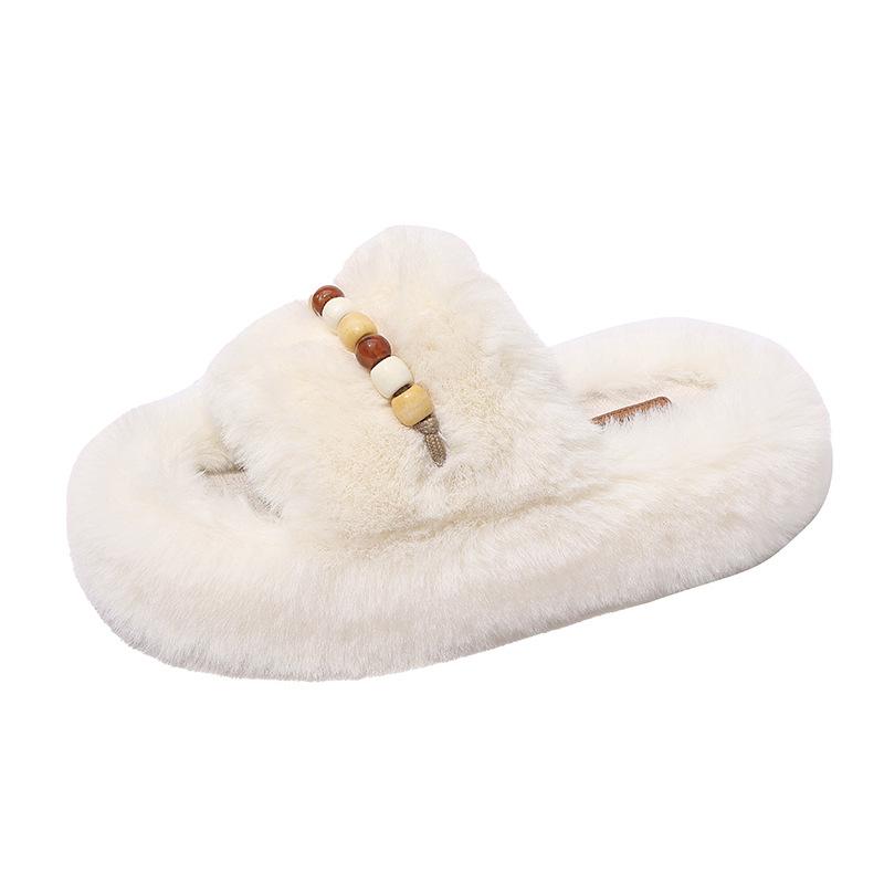 Mao Mao slippers women's home wear fashion 2025 household thick-bottomed beaded small fragrant wind warm one-word cotton slippers