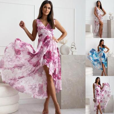 2024 Fashion Print Chiffon Dress Women Elegant V Neck Sleeveless Pleated High Waist Party Dress Casual Long Dress with Irregular Hem