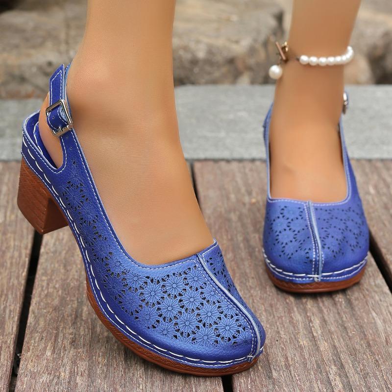 Fashion Plus Size Round Toe Shallow Mouth Cutout One Strap High Heels Summer New Baotou Waterproof Taiwanese Square Heel Sandals