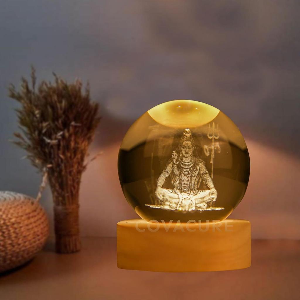 3D Shiv Crystal Ball Night Lamp, Solar System Shiv Idol Crystal Ball Night Light, USB Table Colorful LED Wooden Base Lamp for Home