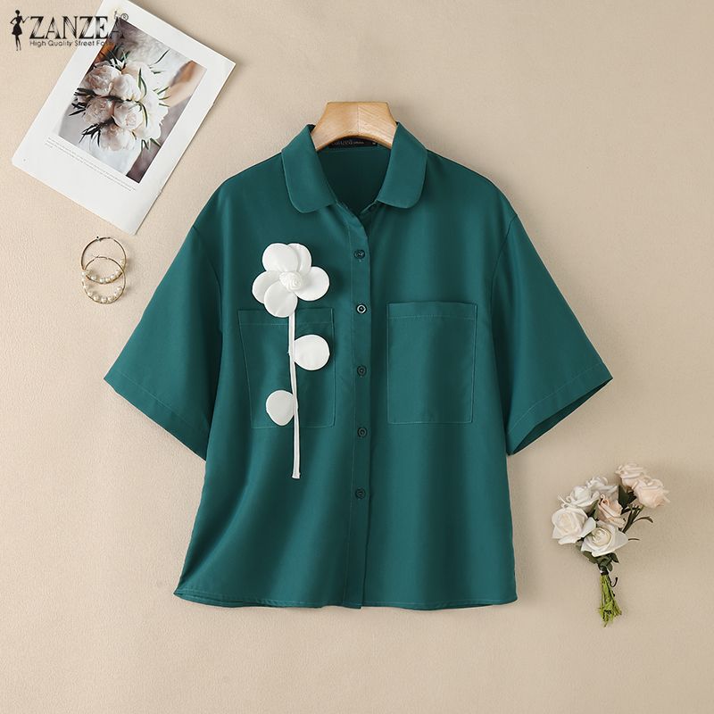 ZANZEA Women Casual Turn Down Collar Loose 3D Flowers Summer Half Sleeve Blouse
