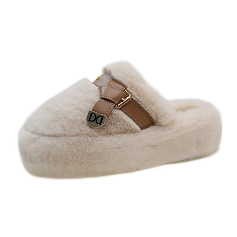 2025 Fall/Winter New Platform Toe Wool Slippers Women's Outer Belt Buckle Plus Size 35-42 Home Cotton Slippers