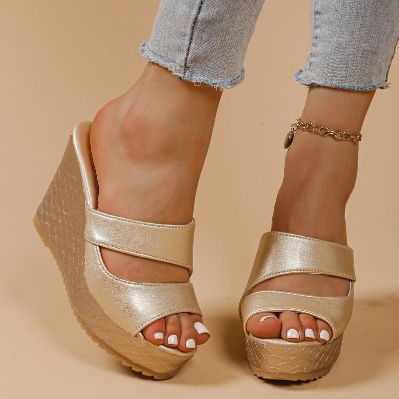 

Мода 2025 Лето Новинка Горячая Распродажа Женские Шлепанцы Уличные Супер Высокие Танкетки Большой Размер Удобная Обувь С Открытым Носком Высококачественные Сандалии 42 золотой