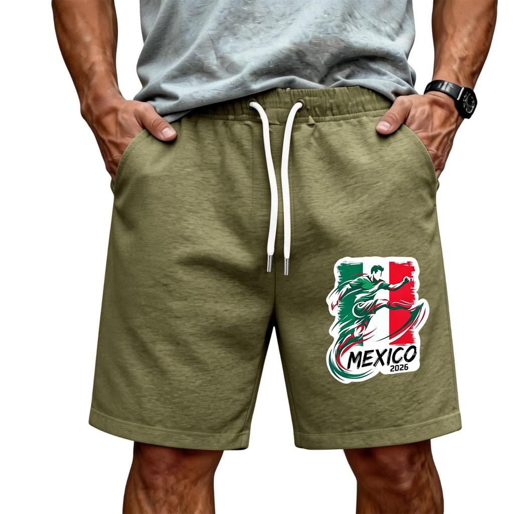 Men’s Drawstring Waist Shorts with Mexico 2026 Inspired Print Casual Loose Fit Sportswear