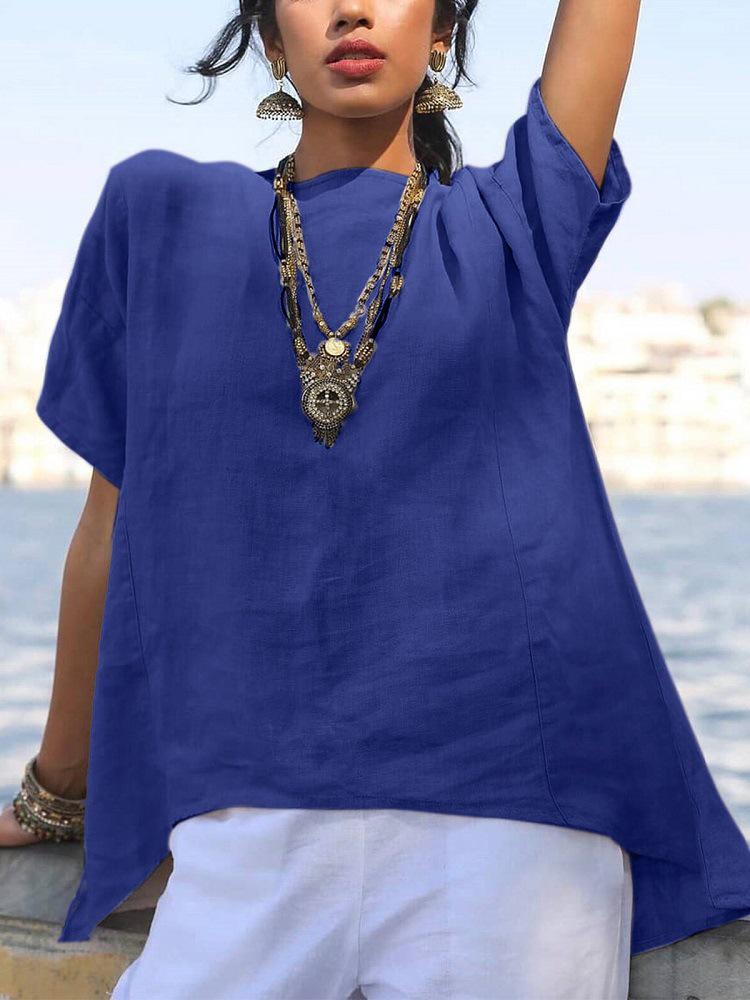 2024 Damen Frühling/Sommer Einfarbig Baumwolle-Leinen Locker Rundhals Shirt mit Unregelmäßigem Saum und Kurzen Ärmeln.