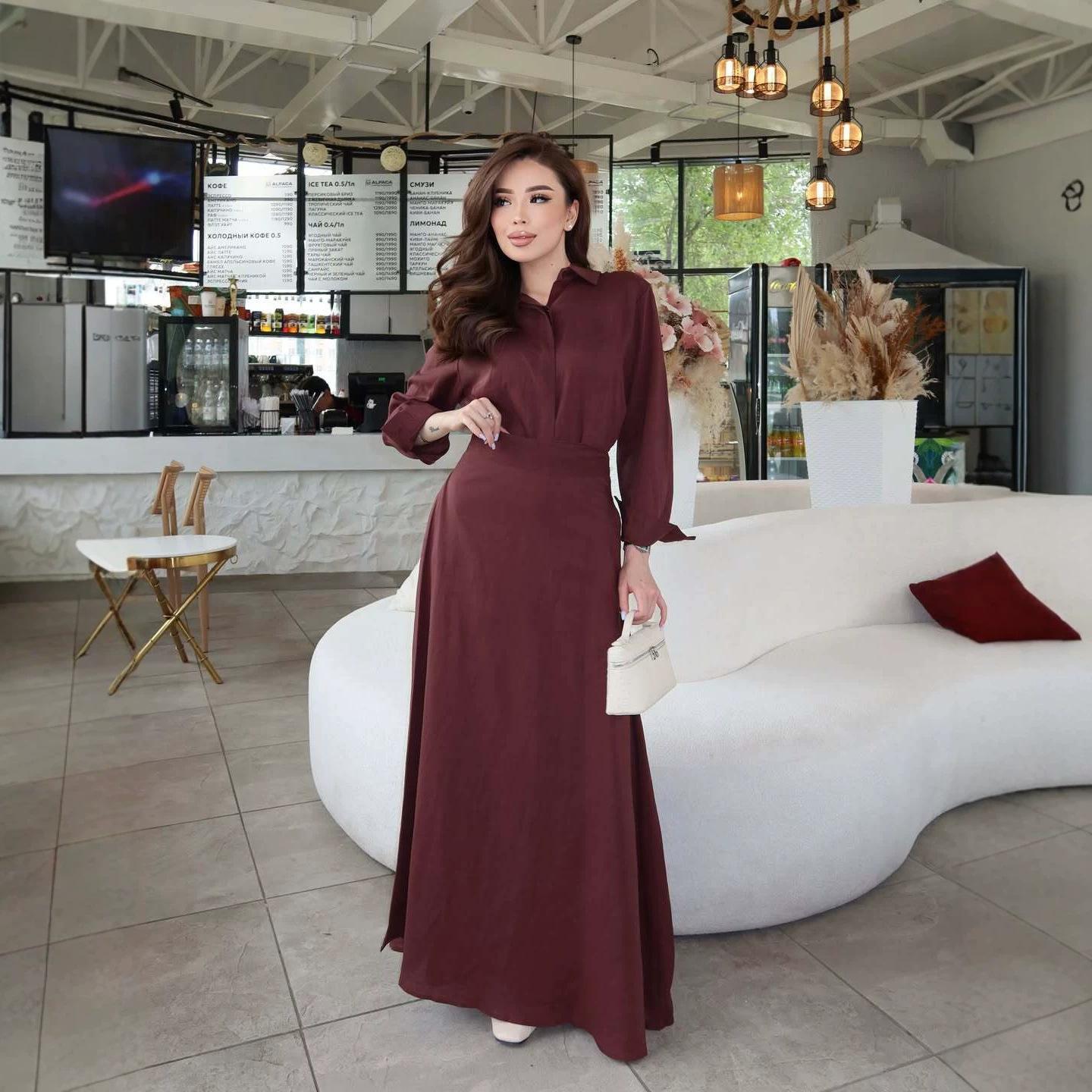 European and  Women s New Temperament Commuter Style Lapel Long Sleeve Shirt High Waist Wide Pendulum Long Skirt Set XS