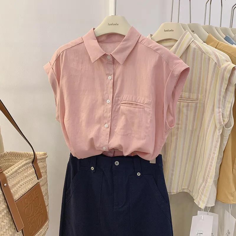 

Women Sleeveless Pink Shirt Collared Button Front Pocket Casual Blouse Summer Lightweight Top L рожевий