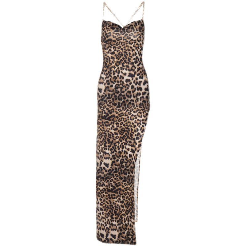 Transition Sexy Leopard Print Print Chain Sling Backless High Slit Sleeveless Dress High Waist Street Vacation Skirts