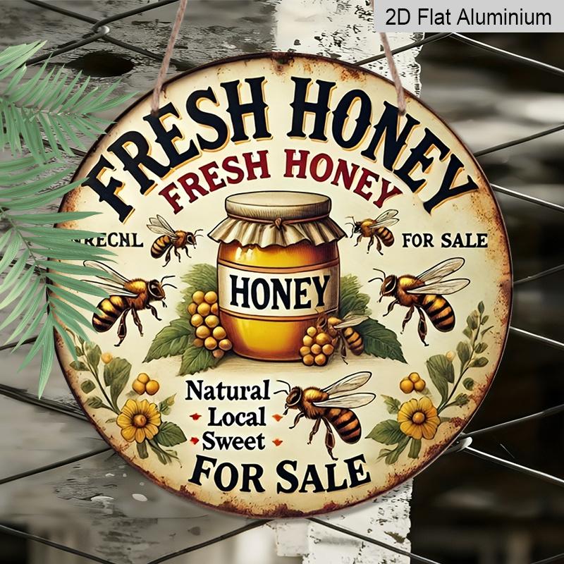 2D Flat Retro Fresh Honey Discount Aluminum Wall Logo-8x8 Inch Country Farmhouse Decoration with Bee and Jar Art, Humorous Kitchen Plaque Suitable