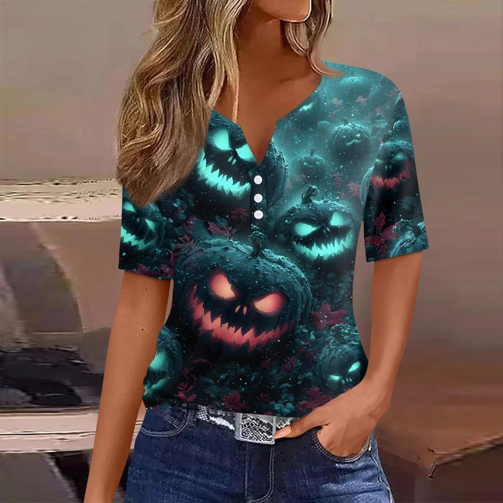 Women's T Shirt Tee Halloween Printed Button Short Sleeve Tunic Daily Weekend Fashion Basic V- Neck Regular Top