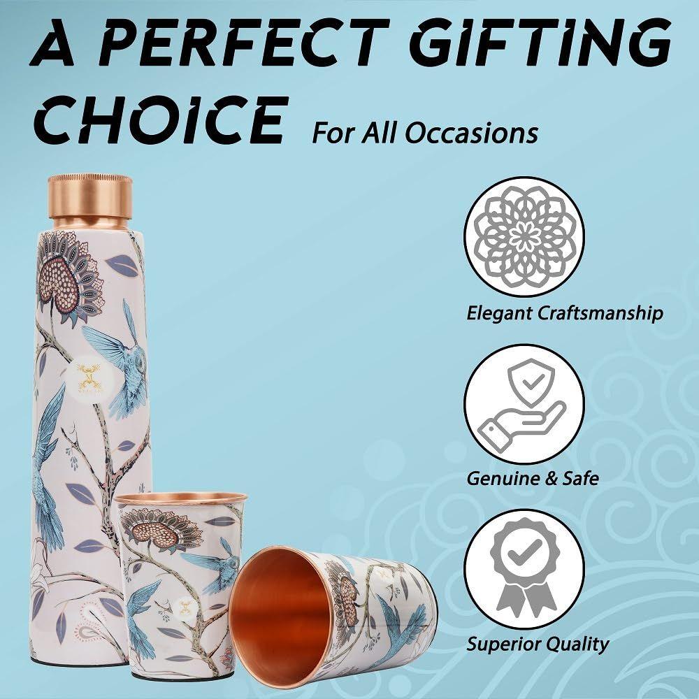 Reine Kupferwasserflasche 900 ml mit Glas-Set Beste Tamba im gedruckten Design (900 ml 2x 300 ml)