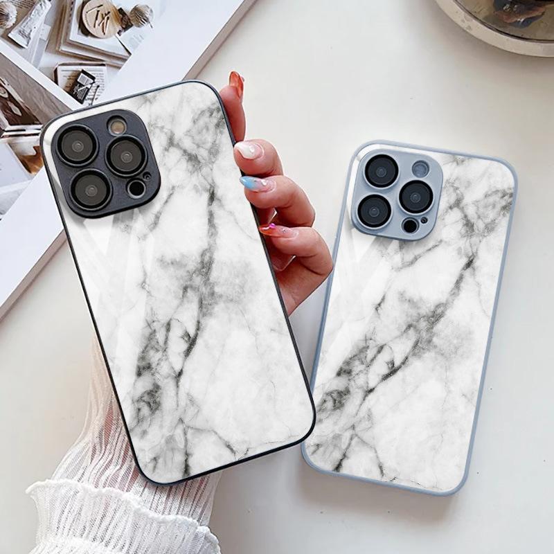 White Marble Texture for iPhone17ProMax Metallic Paint Glass Mobile Phone Protective Case All-inclusive Fine Holes