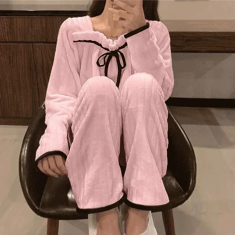 Square Collar Women Pajamas Set Winter Warm Sleepwear Fleece Velvet 2 Piece Pants Home Wear Suit Fluffy Korean Solid Night Wear