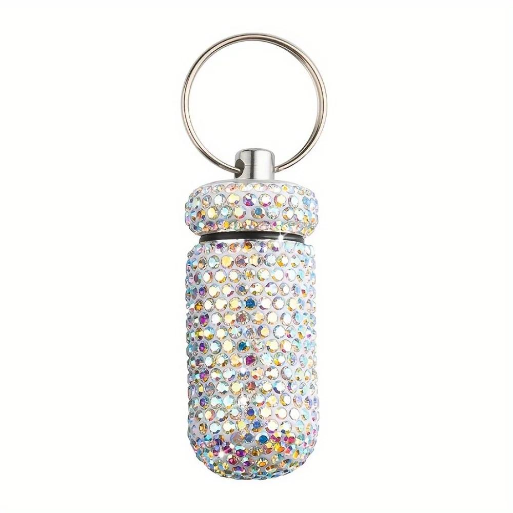 Portable Pill Cases Keychain Mini Medicine Organizer Storage Bottle Full Rhinestone Aluminum Alloy Pill Storage Containers