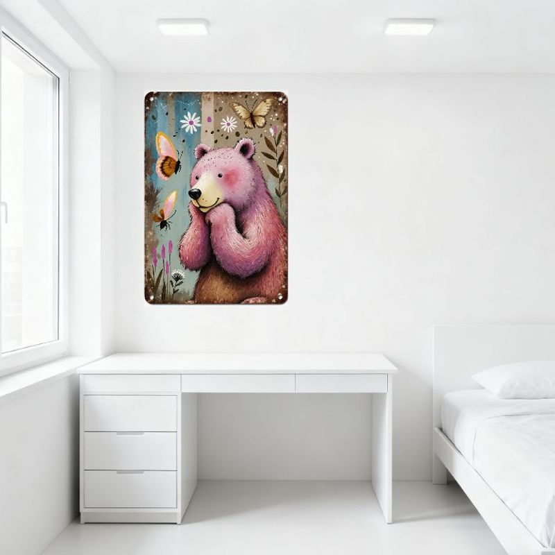 Whimsical Pink Bear Cartoon Metal Tin Sign with Butterflies & Daisies - Vintage Retro Floral Insect Wall Art for Home Cafe Bar M