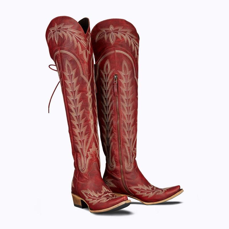Fashion IPPEUM Red Western Cowboy Boots For Women Embroidered Pointed Toe Shoes Free Shipping Knee High Wide Calf Cowgirl Boots