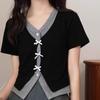 Ladies' Black Fake Two T-shirts Female Contrasting Color Splicing V-neck Short Sleeved Blouse Summer Waist Slimming Top