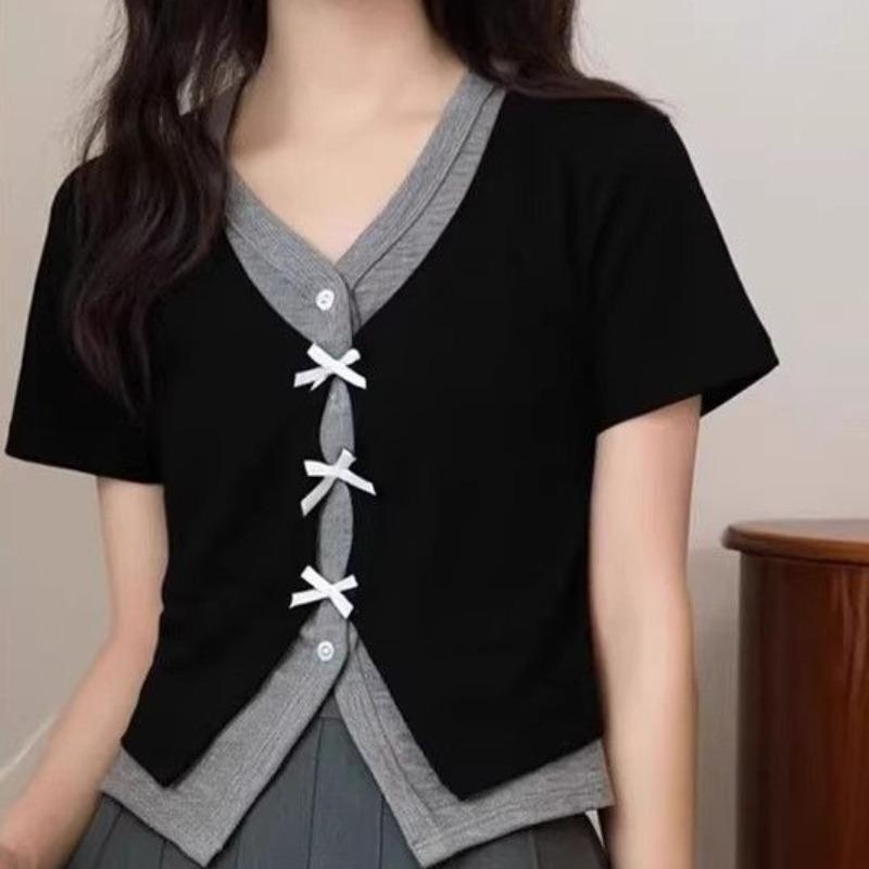 Ladies' Black Fake Two T-shirts Female Contrasting Color Splicing V-neck Short Sleeved Blouse Summer Waist Slimming Top