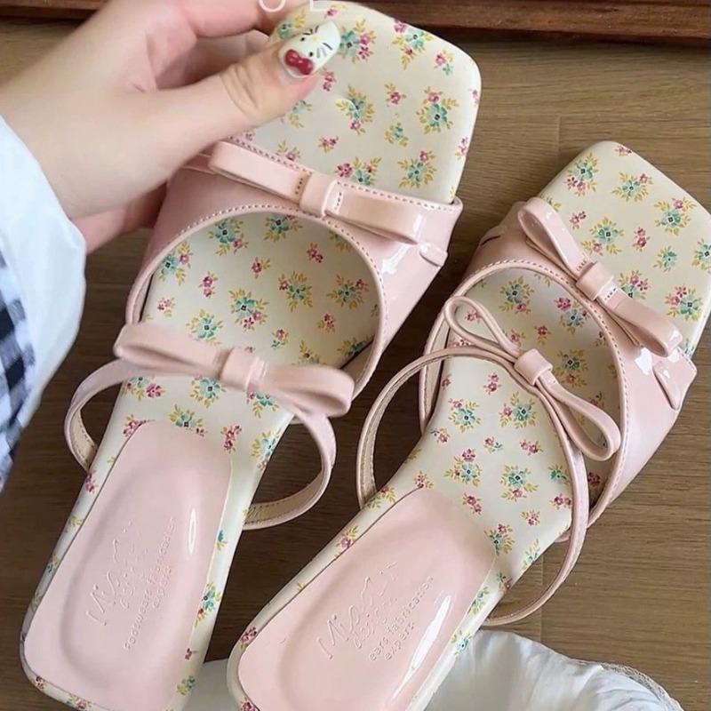 Fashion Women's Fashion Slope Heel Sandals Summer New Square Head Shallow Mouth Butterfly Knot Anti-slip Wear Slippers