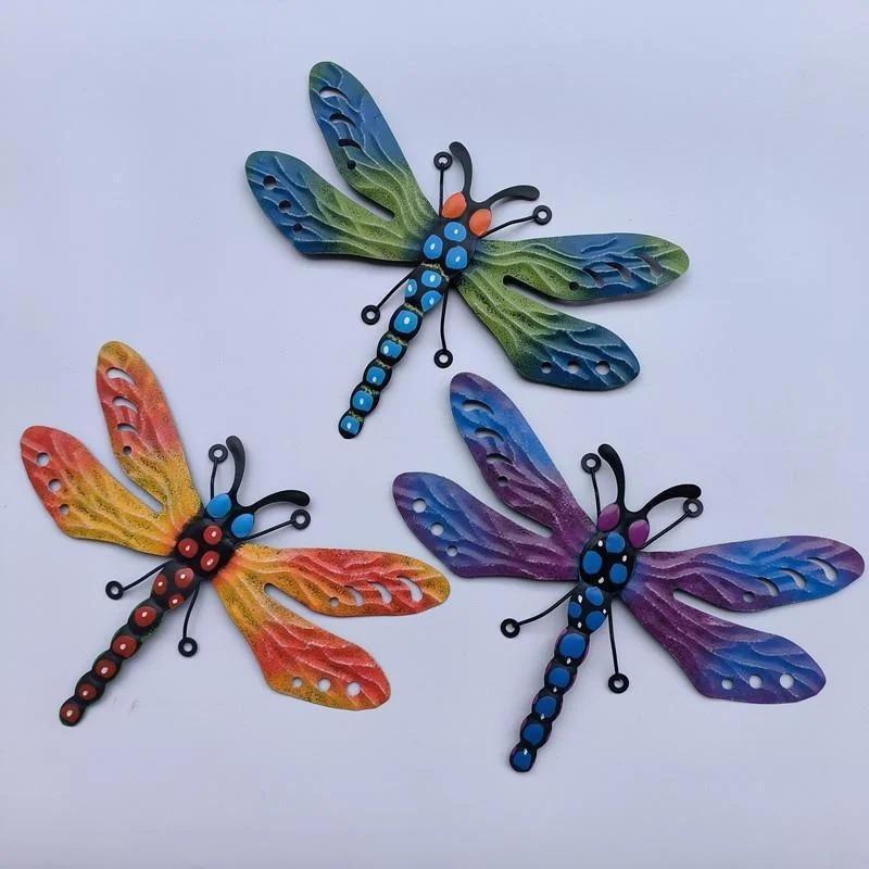 Outdoor Dragonfly Bee Decoration Colorful 3d Iron Wall Hanging Art Sculpture Garden Supplies Garden Statues Sculptures