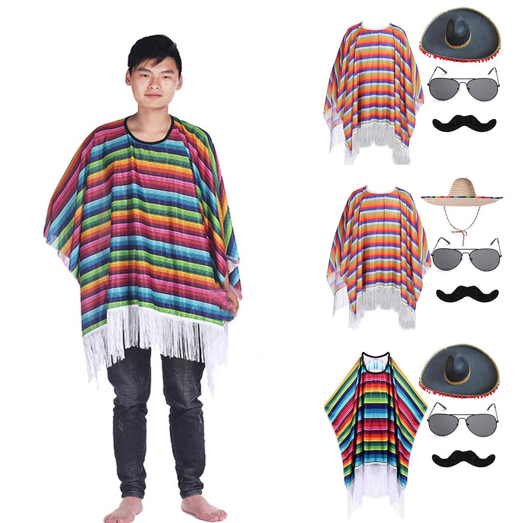 Mexicans Party Outfit for Kids Adult with Poncho Cape Sombrero Hat Sunglasses Maracas and Mustache for Interactive Fun