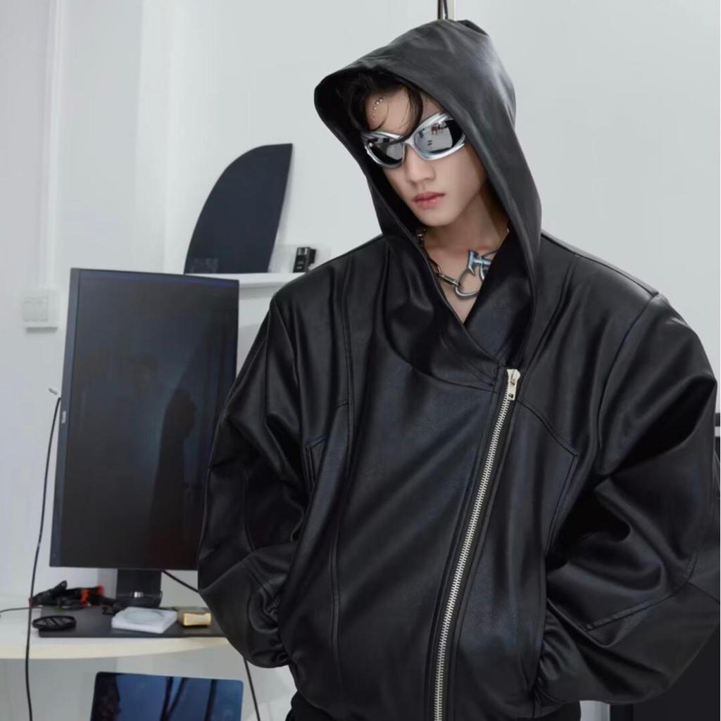 European-American Hip Hop Deconstructed Hooded Leather Jacket - Men's Trendy, Loose-Fit PU Streetwear