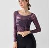 Yoga Top, Women's One-piece Cup with Chest Pad, Fitness Suit, Fake Two-piece Mesh Pilates Sports Long-sleeved Blouse.