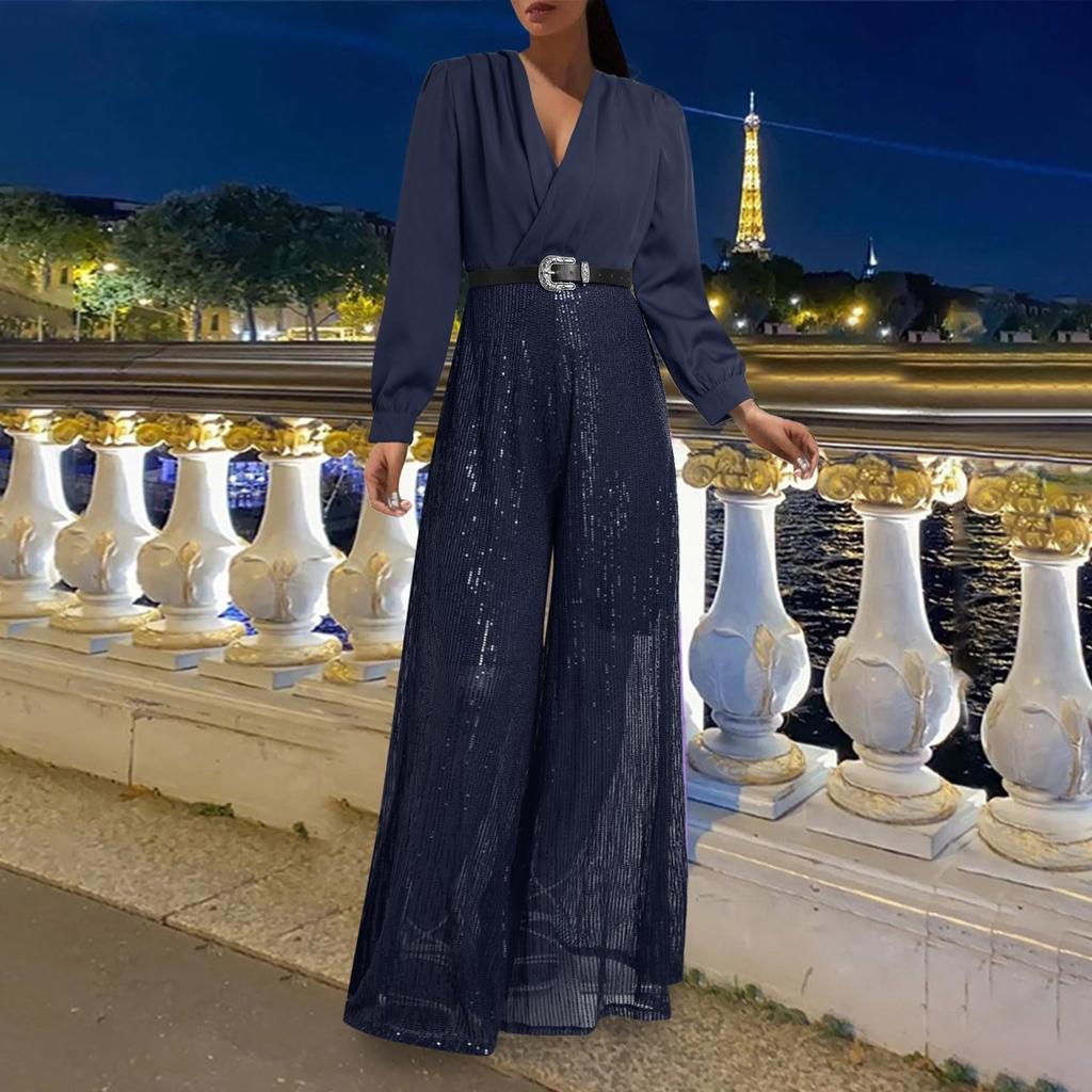 Blouse Fashion pour Femme à Col en V et Manches Longues Élégante et Gracieuse Taille Cintrée pour une Silhouette Flatteuse Combinaison à Jambes Larges Ornée de Sequins