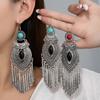 Bohemian Turquoise Long Fringed Stud Earrings Retro Imitation Miao Ethnic Style Earrings