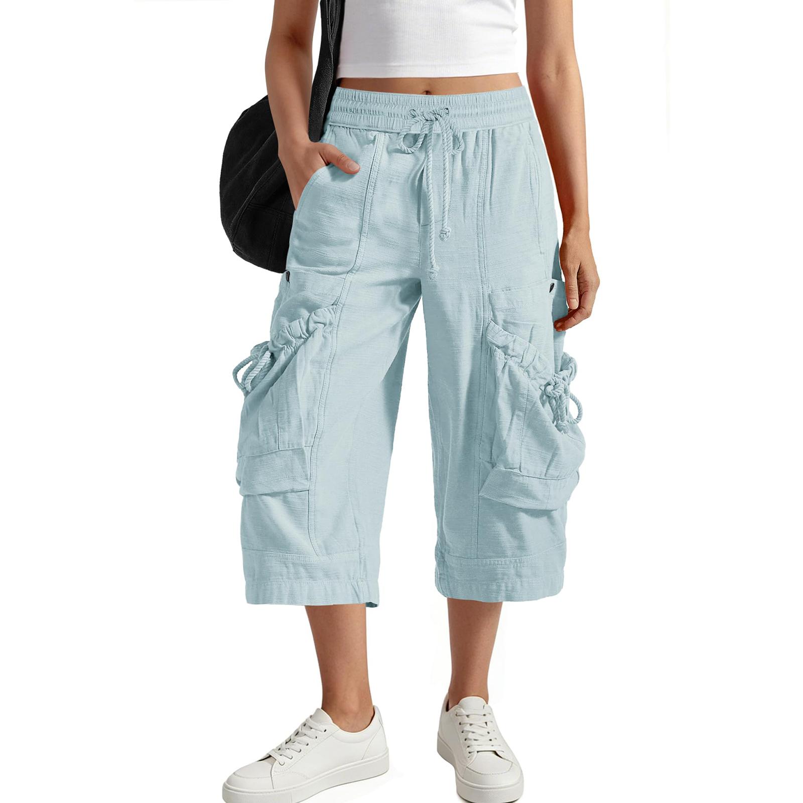 

Women’s Loose Fit Wide Leg Cropped Pants with Drawstring Waist and Multiple Pockets Casual Capri Trousers for Daily Wear S синій