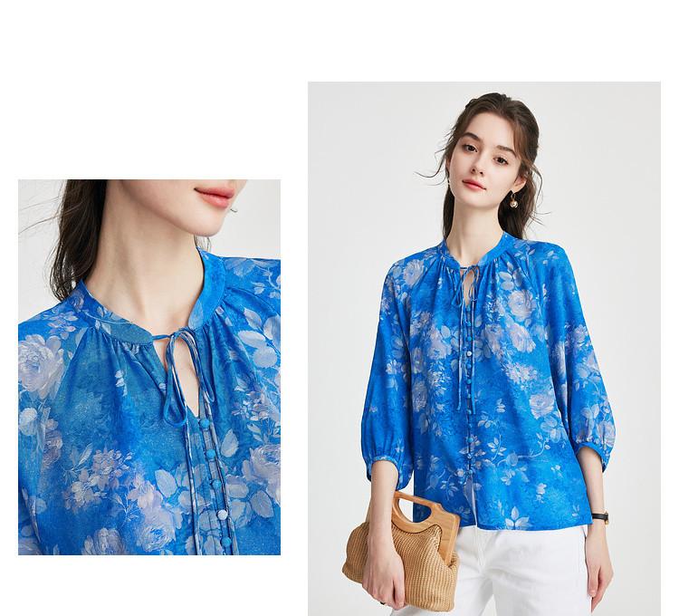 14 MM Double Crepe 100% Mulberry Silk Strap Collar Vintage Printed Silk Shirt for Women