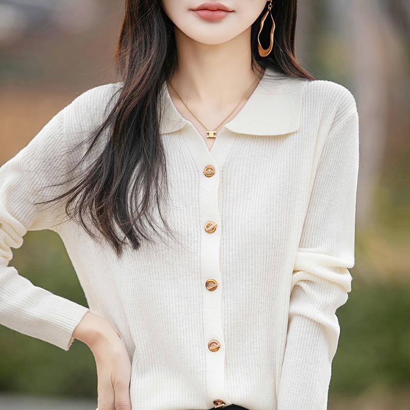 Solid Color Women's Polo Collar Knit Cardigan - Chic Fashionable Outerwear for Spring/Summer/Autumn 2026.