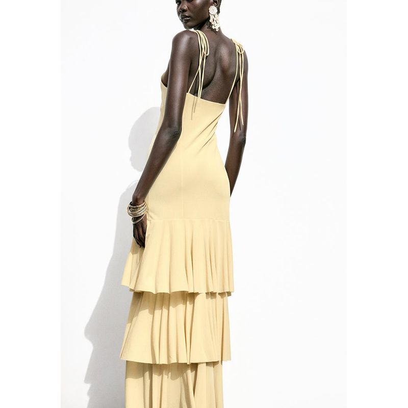 Summer New Product Women's Clothes Bows Shoelace Fashion Laminated Decoration V Neck Midi Skirt Dress 5039212