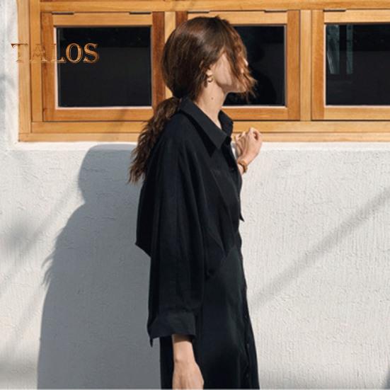 Women Spring Fall Dress Loose Lapel Solid Color Single-breasted Split Hem Soft Long Sleeve Retro Casual Commute Pleated Maxi Dress