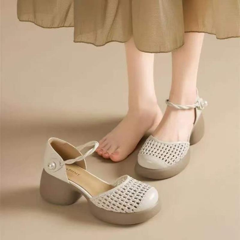 

Round Toe Woven Hollow-out Baotou Sandals Women s 2026 New Simple Block Heel Shoes 35 бежевый