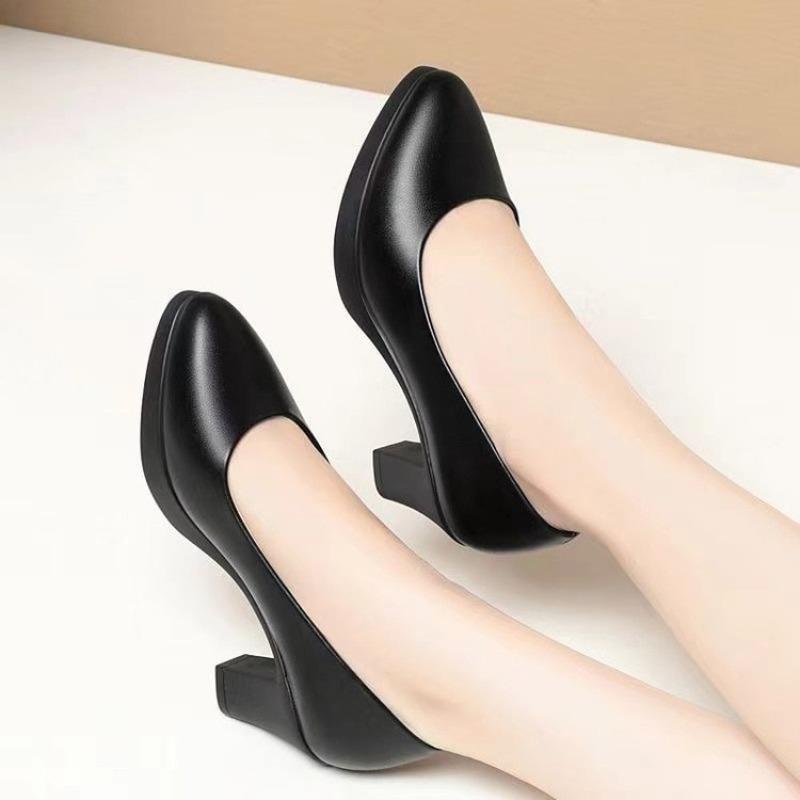 Autumn Black Women's Leather Shoes Soft Leather Soft Sole Comfortable Work Shoes Women's High Heels Work Dress Single Shoes Women's Shoes