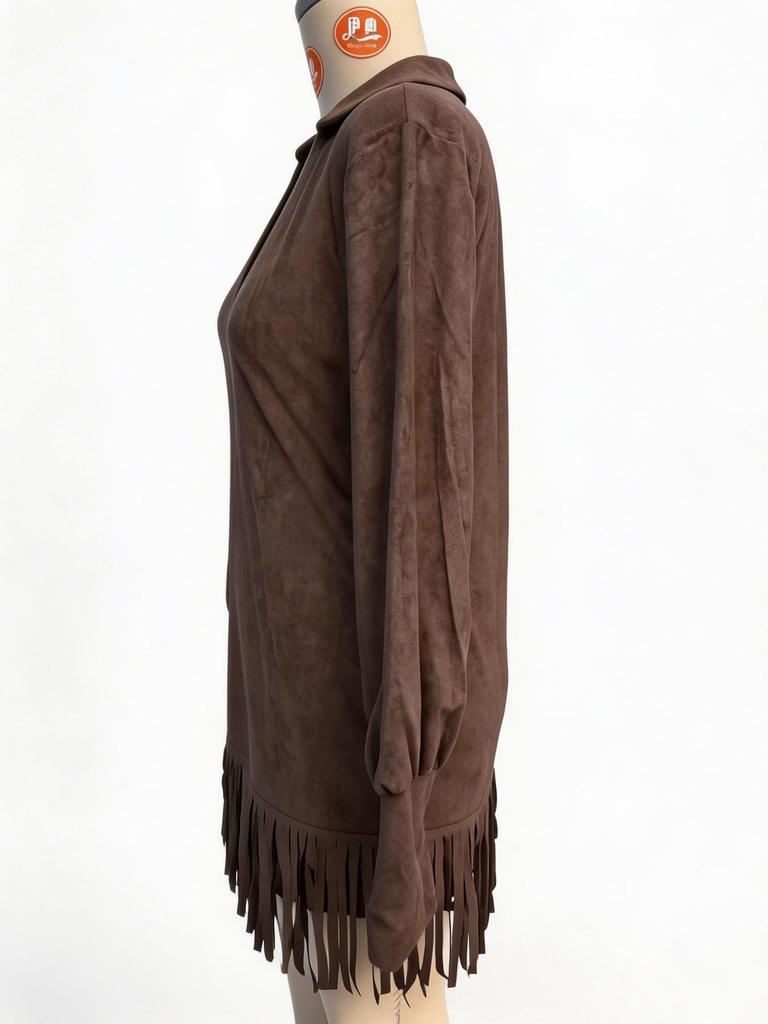 V-neck Faux Deerskin Dress with Fringe Hem and Lapels, Long Sleeve, European & American Style  