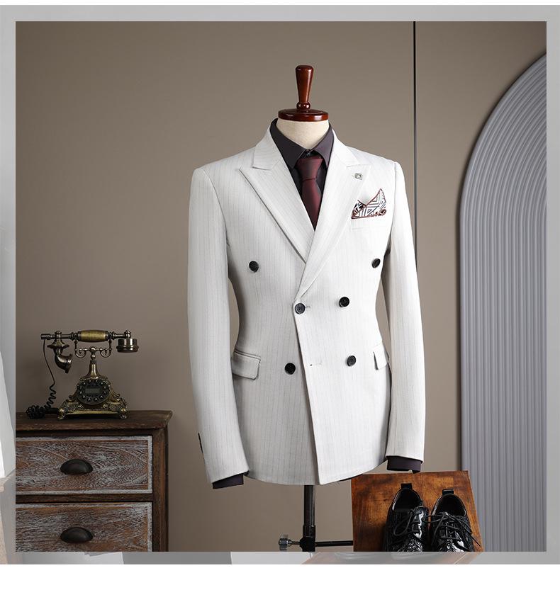 Apricot White Striped Double-Breasted Slim-Fit Suit Set for Casual, Groom, or Formal Business Attire.