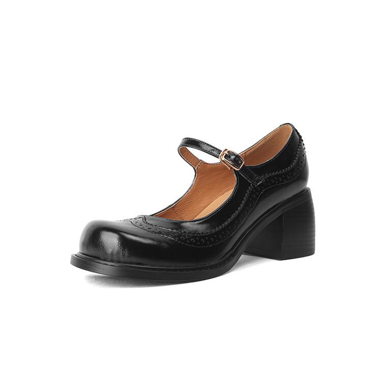 Fashion NEW Spring Women Pumps Genuine Leather Shoes for Women Round Toe Chunky Heel Shoes Retro Mary Janes Carving College Girl Shoes
