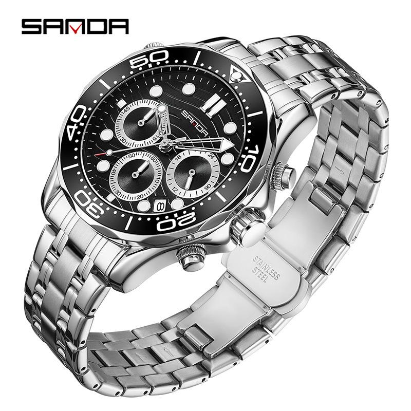 SANDA Brand Men's Quartz Watch Multi Functional Timing Waterproof Calendar Night Light Men's Stainless Steel Watch