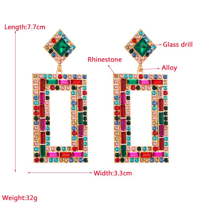 Womens Drop Exaggerated Mesh Earrings Red Rectangular Alloy Inlaid Color Crystal Advanced Geometric Earrings