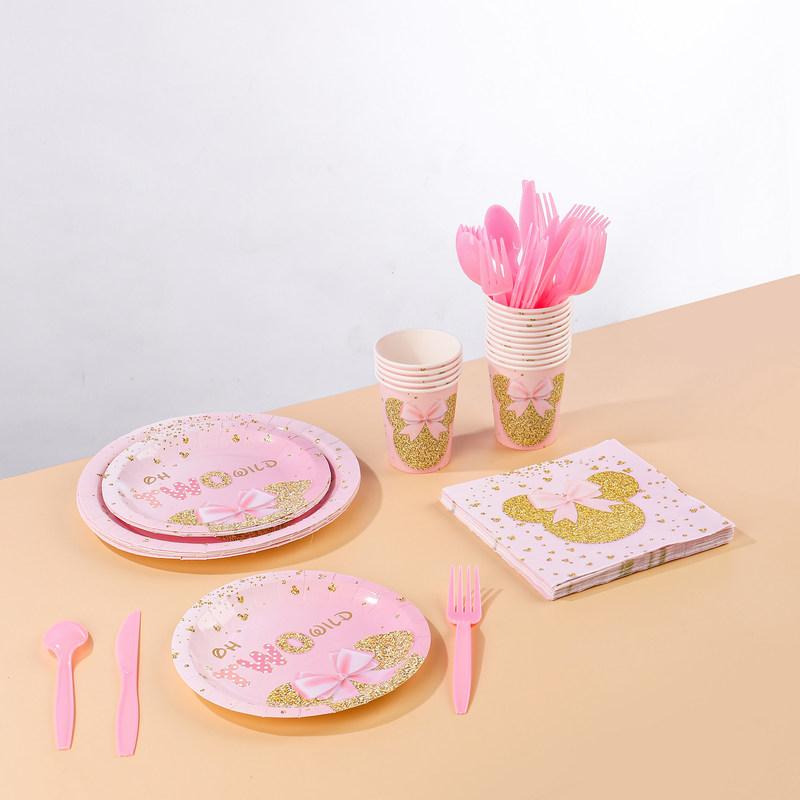 Birth Date Celebration Supplies Collection Minnie Mouse Style Pink Gold Glitter Disposable Utensils Children Birth Date Tableware Decor Favors