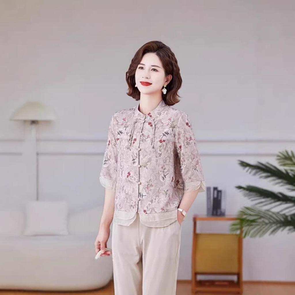 Muttertag Ethnische Stil Kurzarm Sommerbluse für Damen: Altersreduzierender Neuer Chinesischer Stil