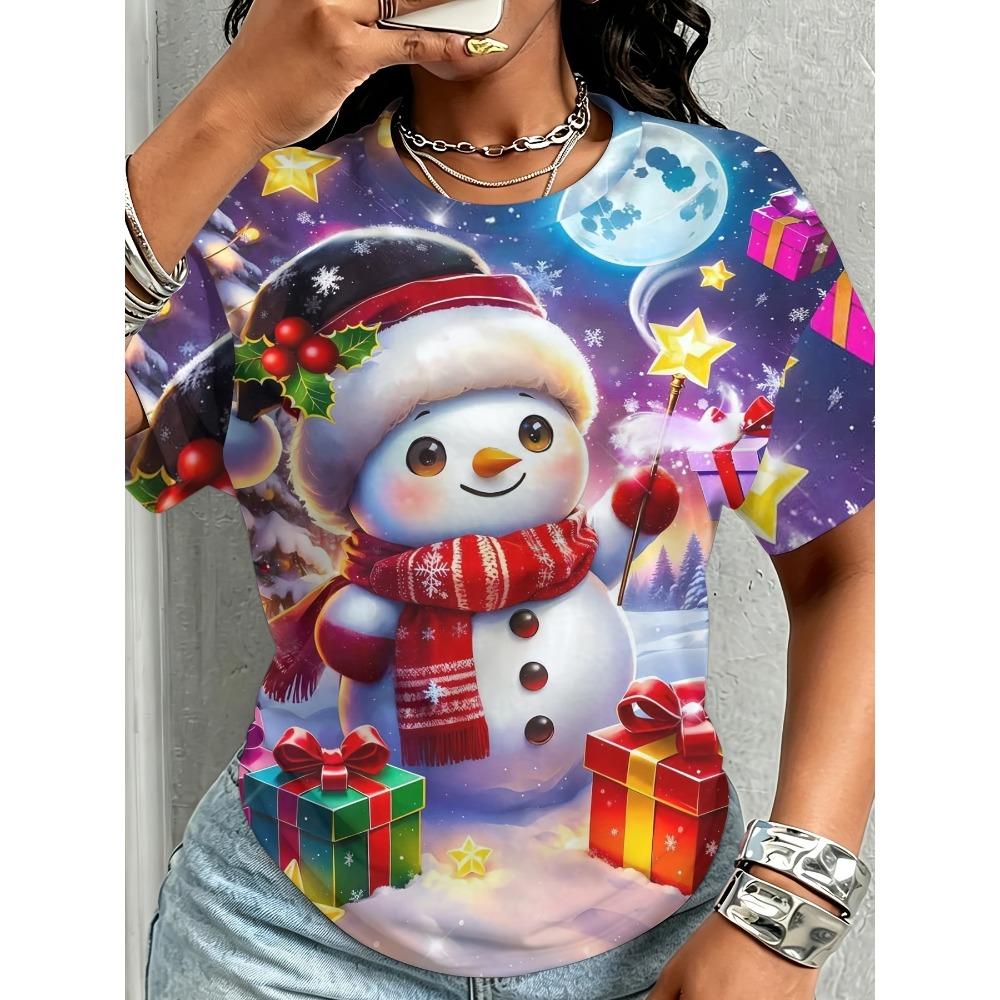 Summer Christmas Snowman Series 3D Print T-Shirt Loose Fit Short Sleeve T-shirt Breathable Women Casual Comfortable Creative Versatile Sports T-shirt